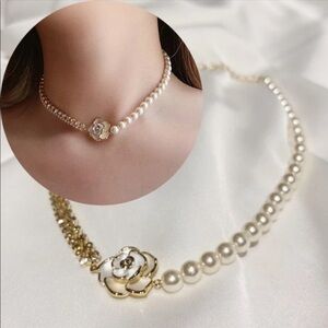 Camellia Necklace Short Vintage Pearl Stitching Clavicle Gold Chain For Women